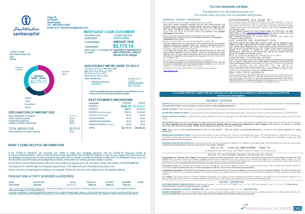 Download Saudi Arabia Samba bank mortgage statement in Word and PDF formats 1 2 Photoshop template